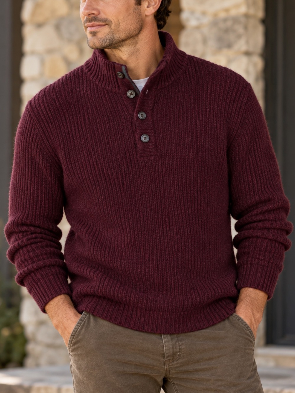 Woolrich Men's Ribbed Zip-Style Half-Placket Sweater in Burgundy